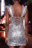 Champagne Bodycon doorschijnend korset, ruche, pailletten, homecomingjurk