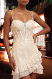 Lichtblauwe bodycon korset, veters achter, pailletten homecoming jurk met ruches