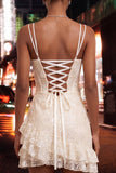 Lichtblauwe bodycon korset, veters achter, pailletten homecoming jurk met ruches