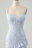 Lichtblauwe bodycon korset, veters achter, pailletten homecoming jurk met ruches