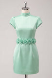 Groene highneck bodycon satijnen mouwen homecoming jurk met 3D-bloemen