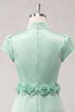 Groene highneck bodycon satijnen mouwen homecoming jurk met 3D-bloemen