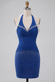 Donkerblauwe halterhals bodycon korset met gerimpelde kralenjurk met homecoming-jurk en kant op de rug