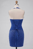 Donkerblauwe halterhals bodycon korset met gerimpelde kralenjurk met homecoming-jurk en kant op de rug