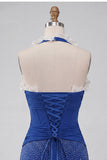 Donkerblauwe halterhals bodycon korset met gerimpelde kralenjurk met homecoming-jurk en kant op de rug