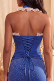 Donkerblauwe halterhals bodycon korset met gerimpelde kralenjurk met homecoming-jurk en kant op de rug