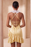 Paarse Bodycon halter neck satijnen homecomingjurk met gerimpelde homecoming jurk en 3D-bloemen