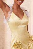 Paarse Bodycon halter neck satijnen homecomingjurk met gerimpelde homecoming jurk en 3D-bloemen