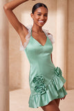 Paarse Bodycon halter neck satijnen homecomingjurk met gerimpelde homecoming jurk en 3D-bloemen
