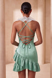 Paarse Bodycon halter neck satijnen homecomingjurk met gerimpelde homecoming jurk en 3D-bloemen