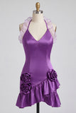Paarse Bodycon halter neck satijnen homecomingjurk met gerimpelde homecoming jurk en 3D-bloemen