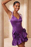 Paarse Bodycon halter neck satijnen homecomingjurk met gerimpelde homecoming jurk en 3D-bloemen