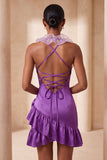Paarse Bodycon halter neck satijnen homecomingjurk met gerimpelde homecoming jurk en 3D-bloemen