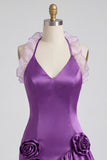 Paarse Bodycon halter neck satijnen homecomingjurk met gerimpelde homecoming jurk en 3D-bloemen