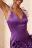 Paarse Bodycon halter neck satijnen homecomingjurk met gerimpelde homecoming jurk en 3D-bloemen