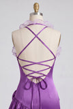 Paarse Bodycon halter neck satijnen homecomingjurk met gerimpelde homecoming jurk en 3D-bloemen