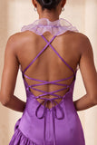 Paarse Bodycon halter neck satijnen homecomingjurk met gerimpelde homecoming jurk en 3D-bloemen