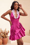 Bodycon Lake Blue halter neck satijn met geraffe kanten achterjurk Homecoming jurk met 3D bloemen