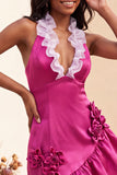 Bodycon Lake Blue halter neck satijn met geraffe kanten achterjurk Homecoming jurk met 3D bloemen