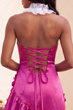 Bodycon Lake Blue halter neck satijn met geraffe kanten achterjurk Homecoming jurk met 3D bloemen