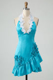 Bodycon Lake Blue halter neck satijn met geraffe kanten achterjurk Homecoming jurk met 3D bloemen