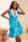 Bodycon Lake Blue halter neck satijn met geraffe kanten achterjurk Homecoming jurk met 3D bloemen