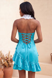 Bodycon Lake Blue halter neck satijn met geraffe kanten achterjurk Homecoming jurk met 3D bloemen