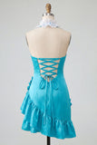 Bodycon Lake Blue halter neck satijn met geraffe kanten achterjurk Homecoming jurk met 3D bloemen
