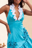 Bodycon Lake Blue halter neck satijn met geraffe kanten achterjurk Homecoming jurk met 3D bloemen