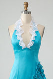 Bodycon Lake Blue halter neck satijn met geraffe kanten achterjurk Homecoming jurk met 3D bloemen