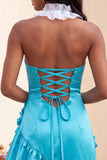 Bodycon Lake Blue halter neck satijn met geraffe kanten achterjurk Homecoming jurk met 3D bloemen