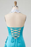 Bodycon Lake Blue halter neck satijn met geraffe kanten achterjurk Homecoming jurk met 3D bloemen