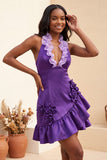 Bodycon Lake Blue halter neck satijn met geraffe kanten achterjurk Homecoming jurk met 3D bloemen