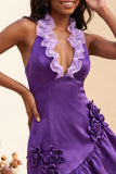 Bodycon Lake Blue halter neck satijn met geraffe kanten achterjurk Homecoming jurk met 3D bloemen