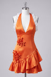 Oranje halter nek satijn bodycon gerimpelde kant thuisjurk met 3D bloemen