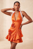 Oranje halter nek satijn bodycon gerimpelde kant thuisjurk met 3D bloemen