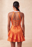 Oranje halter nek satijn bodycon gerimpelde kant thuisjurk met 3D bloemen
