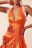 Oranje halter nek satijn bodycon gerimpelde kant thuisjurk met 3D bloemen
