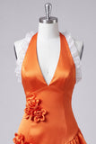 Oranje halter nek satijn bodycon gerimpelde kant thuisjurk met 3D bloemen