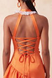 Oranje halter nek satijn bodycon gerimpelde kant thuisjurk met 3D bloemen
