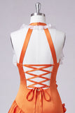 Oranje halter nek satijn bodycon gerimpelde kant thuisjurk met 3D bloemen