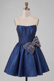 Marineblauwe satijn strapless A-lijn parel korset met veter homecoming jurk met strik