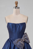 Marineblauwe satijn strapless A-lijn parel korset met veter homecoming jurk met strik