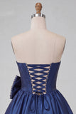 Marineblauwe satijn strapless A-lijn parel korset met veter homecoming jurk met strik