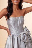 A-lijn mintgroen satijn strapless veter op de achterkant parel korset homecoming jurk met strik