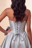 A-lijn mintgroen satijn strapless veter op de achterkant parel korset homecoming jurk met strik