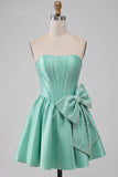 A-lijn mintgroen satijn strapless veter op de achterkant parel korset homecoming jurk met strik