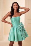 A-lijn mintgroen satijn strapless veter op de achterkant parel korset homecoming jurk met strik