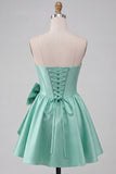 A-lijn mintgroen satijn strapless veter op de achterkant parel korset homecoming jurk met strik