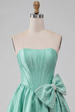 A-lijn mintgroen satijn strapless veter op de achterkant parel korset homecoming jurk met strik
